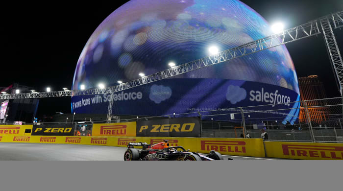 Red Bull driver Max Verstappen races in front of the Sphere during the Las Vegas Grand Prix.